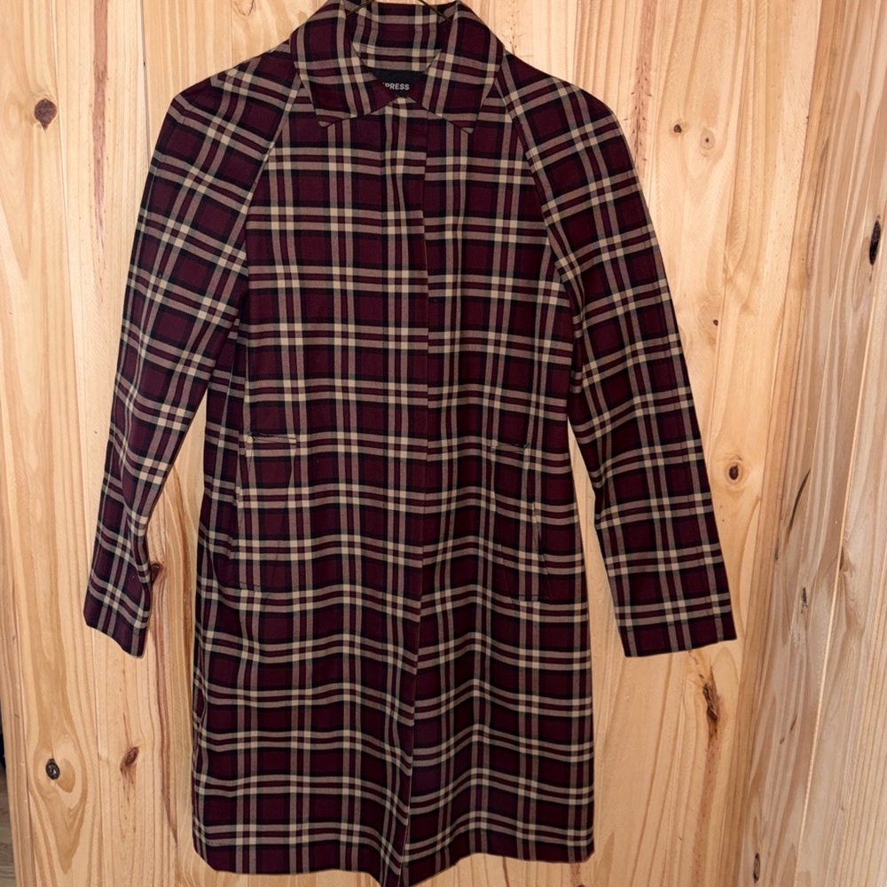 Express Burgundy and Beige Plaid Button-Up Shirt